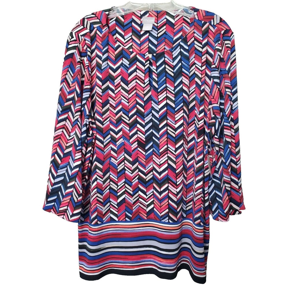 CHICO'S Chevron Border Print Keyhole Neck Bell Sleeve Stretchy Top Size 3P NWT
